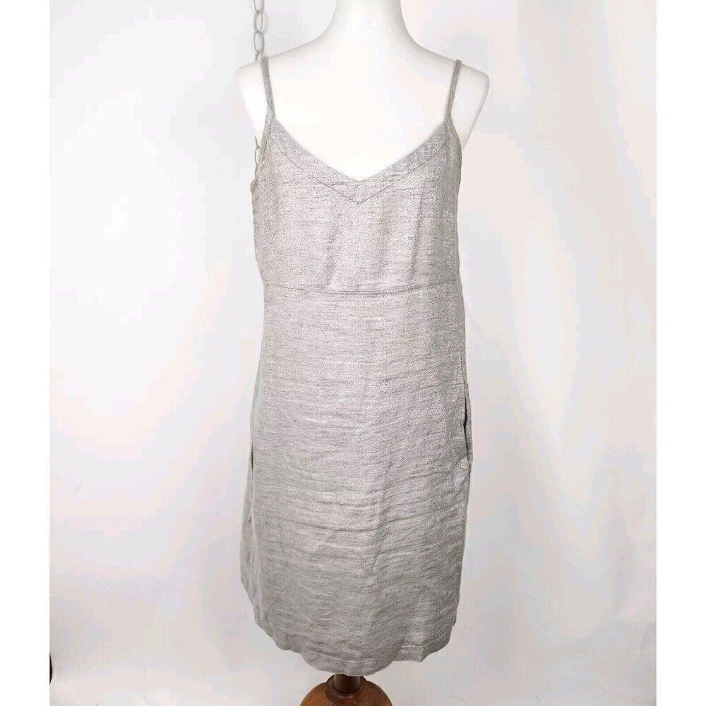 EILEEN FISHER Metallic Gray Linen Shimmer Camisole Slip Dress Pockets Womens PL